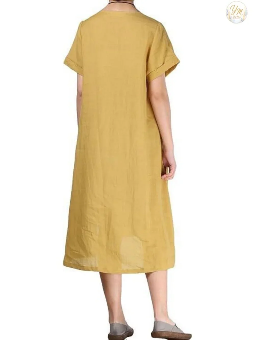 Linen Cotton Embroidered Boho Sundress Midi with Pockets